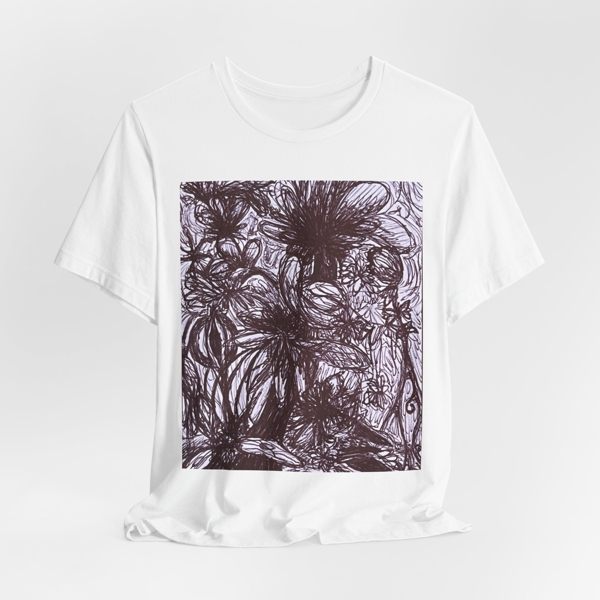 Artistic Ballpoint Sketch Tee — Hand-Drawn Floral & Figure Graphic T-Shirt