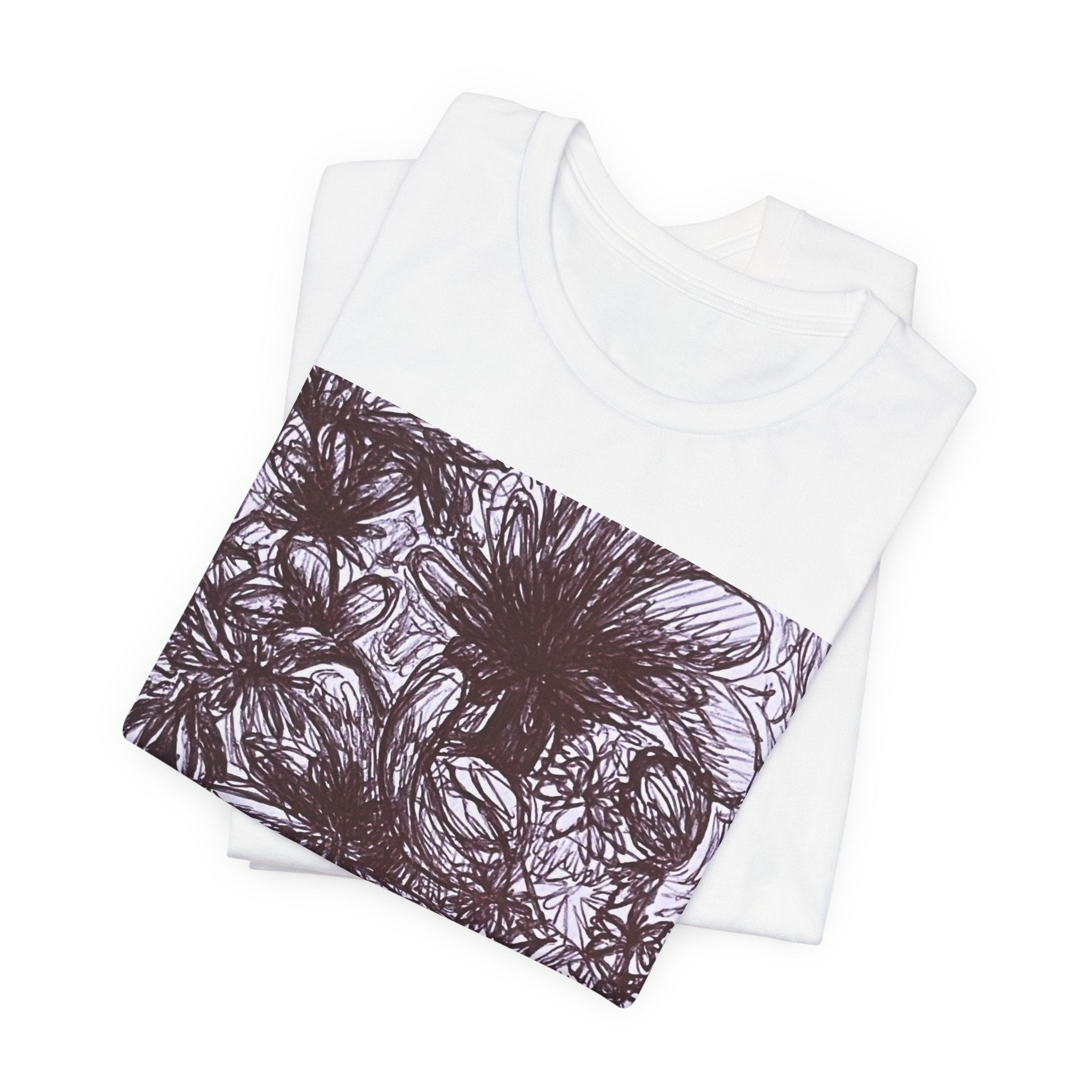Artistic Ballpoint Sketch Tee — Hand-Drawn Floral & Figure Graphic T-Shirt