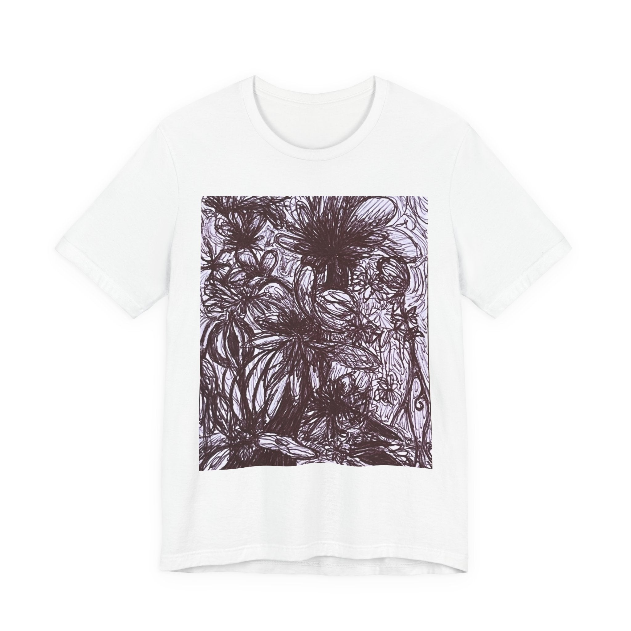 Artistic Ballpoint Sketch Tee — Hand-Drawn Floral & Figure Graphic T-Shirt
